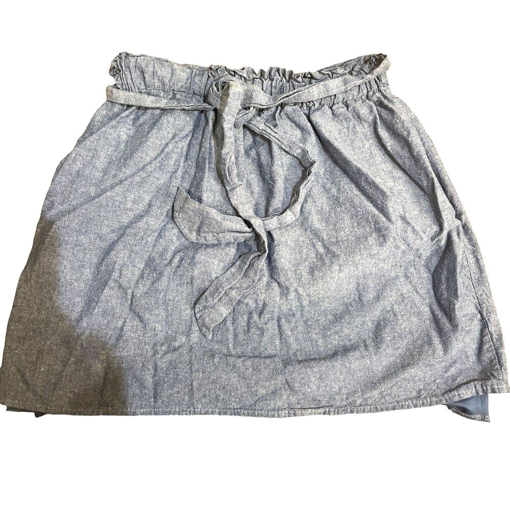 Blue Rain Chambray Mini Skirt tie front elastic Waist made in USA sz M